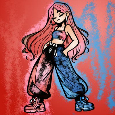 girl in baggy pants crop top and long hair