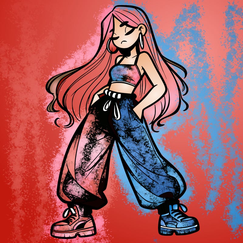 girl in baggy pants crop top and long hair