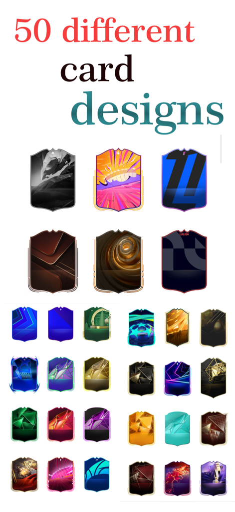 Una colección de plantillas de cartas de jugadores de fútbol diversas y coloridas disponibles en la aplicación Fut Card Creator