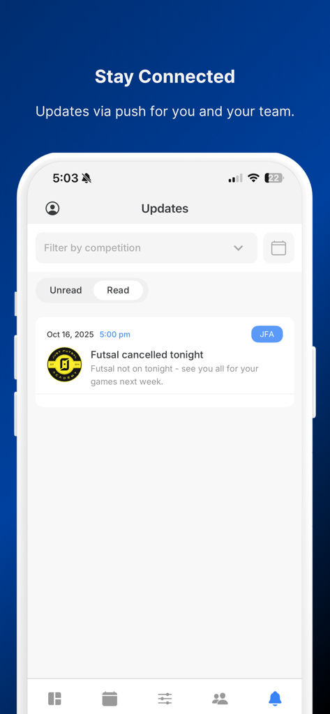 MySport - MySport app updates screen showing a notification about a canceled futsal game.