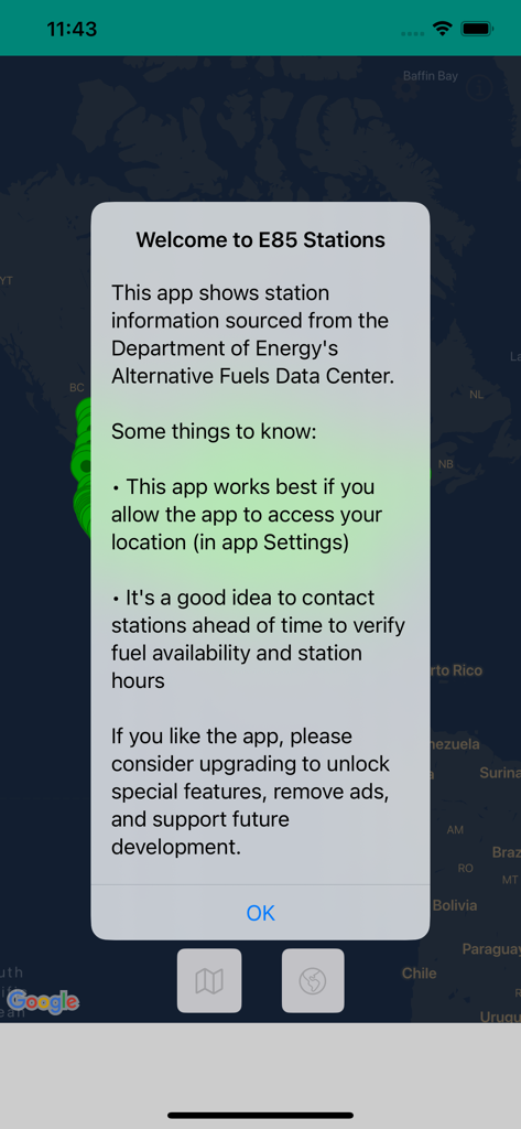 E85 Stations USA - Welcome popup in the E85 Stations USA app explaining data sources and location access tips