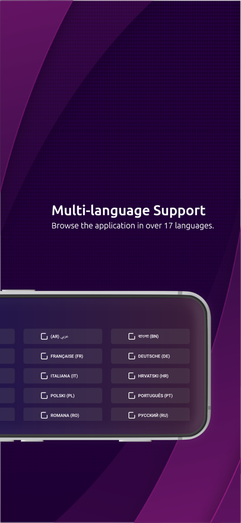 VU IPTV PLAYER - VU IPTV Player interface showing multi-language support options for over 17 languages