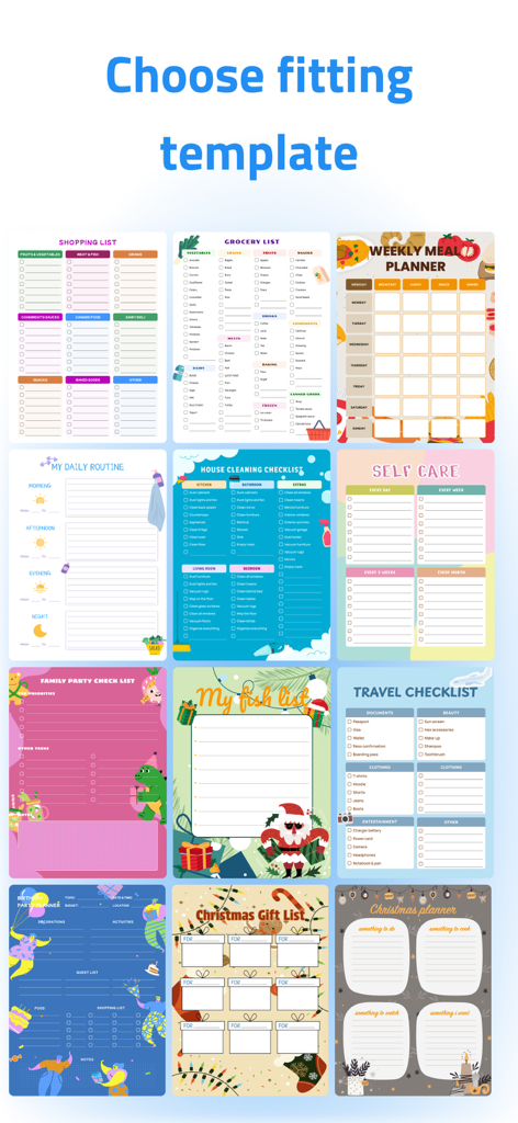 Digital Planner & Calendar Pro - A variety of colorful digital planner templates for tasks like grocery shopping, cleaning, meal planning, and self care.