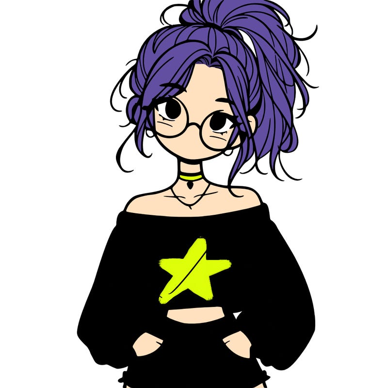 girl with a messy ponytail glasses a baggy crop top and jean shorts