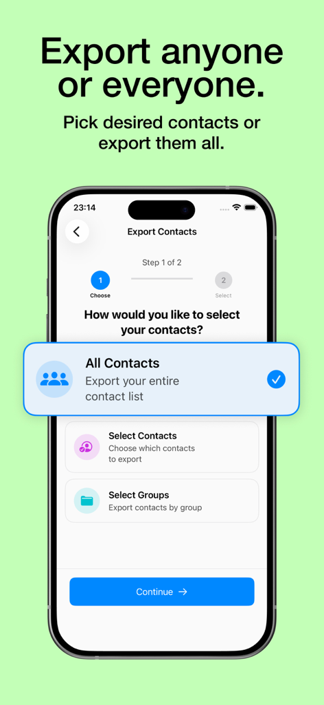 Mobile Benutzeroberfläche der "Kontakte exportieren"-App mit Optionen zum Exportieren aller Kontakte, bestimmter Kontakte oder Kontaktgruppen