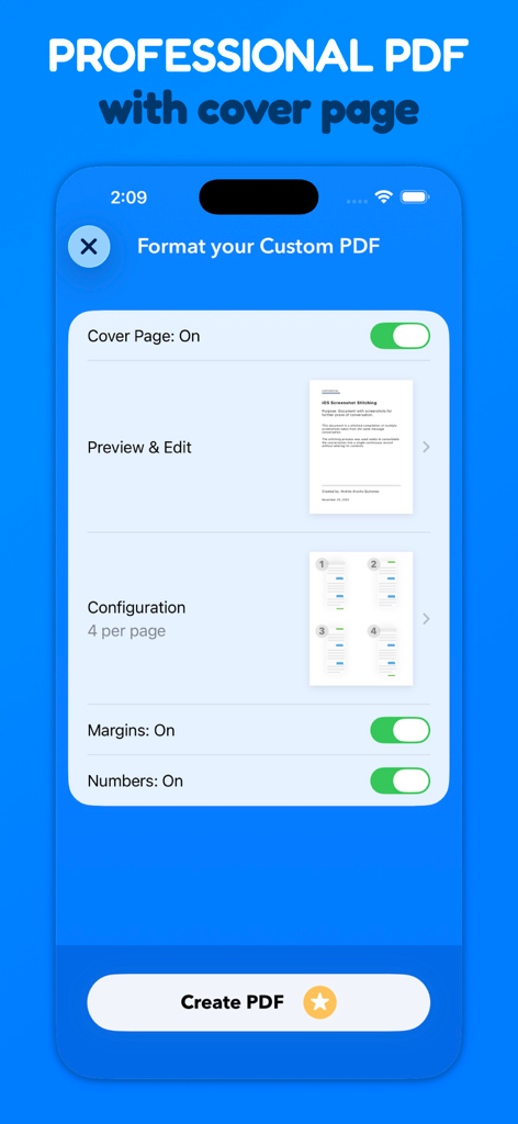 Interface for formatting a professional PDF chat export with cover page and page layout options
