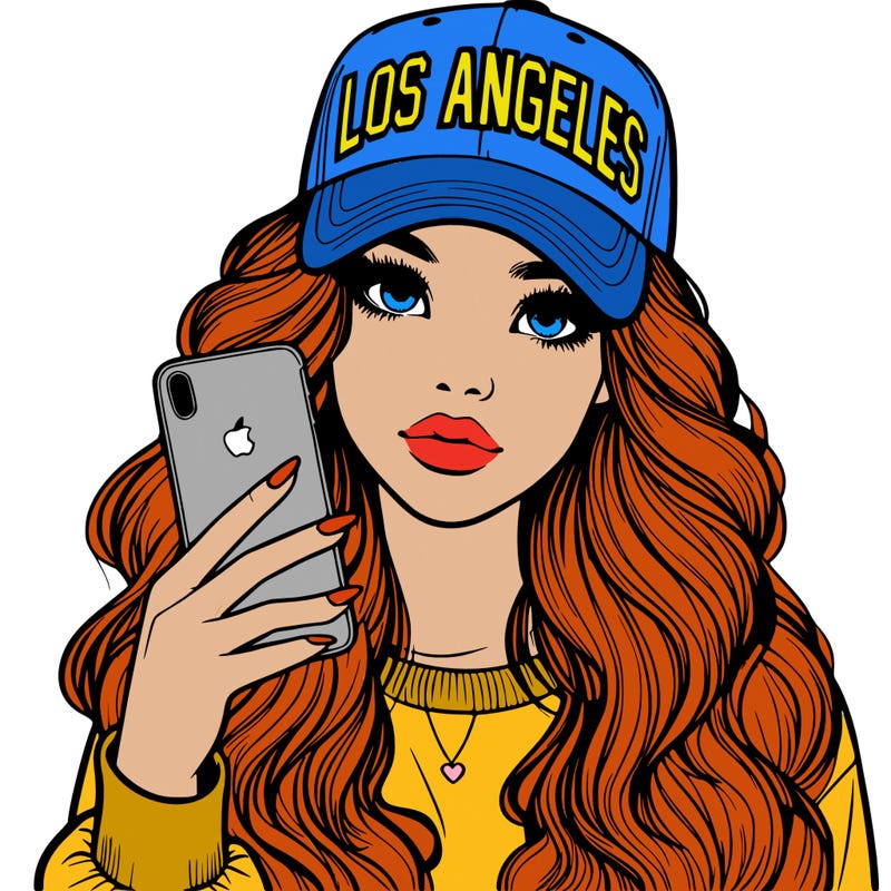 realistic beautiful girl wearing los ángeles cap holding an iphone