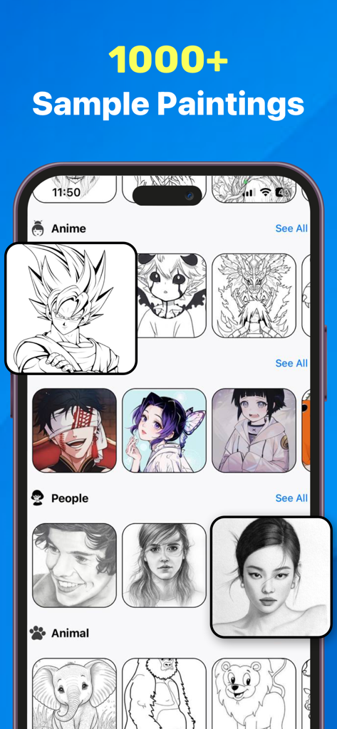 AR Drawing Tracing Projector - A library showing over 1000 sample painting templates for anime characters portraits and animals within the AR Drawing app