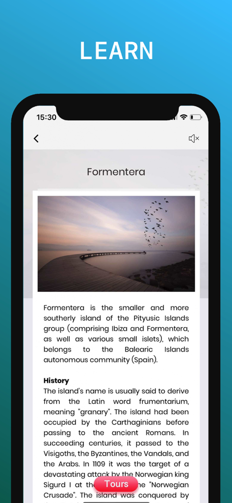 Ibiza Travel Guide. - Ibiza Travel Guide app showing history and information about Formentera island