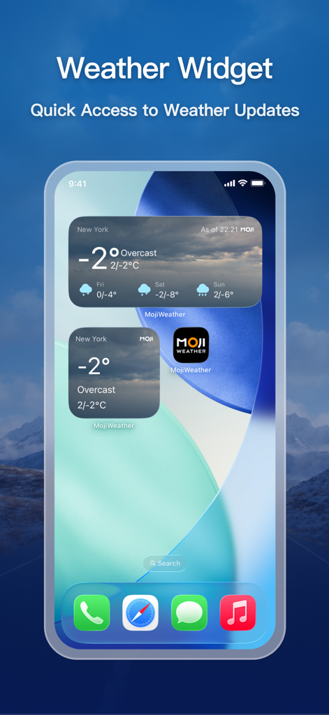 Una pantalla de inicio de iPhone que muestra widgets de MojiWeather con un pronóstico del tiempo de Nueva York y actualizaciones de temperatura en tiempo real