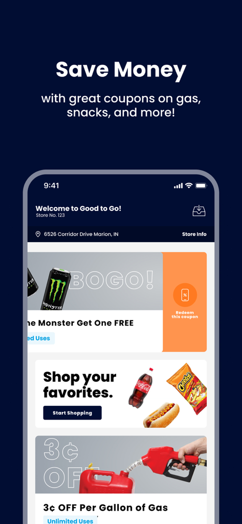 Good To Go & My Good Rewards - Good To Go rewards app interface showing gas and snack coupons