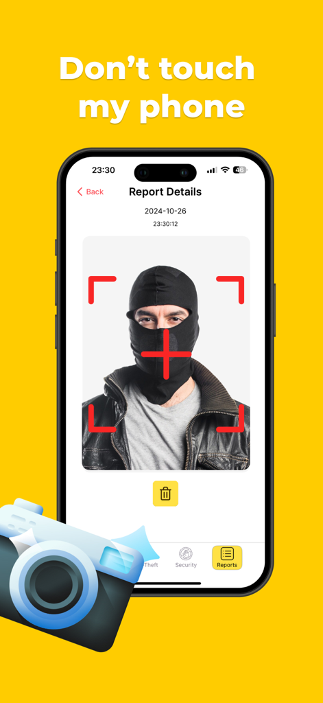 Clap Detector - クラップディテクターアプリのインターフェース。電話の侵入者の写真が表示されています。