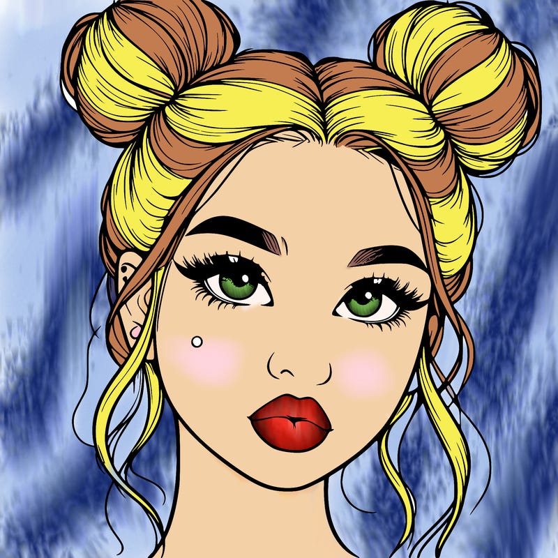 realistic girl with two buns on her hair and lips