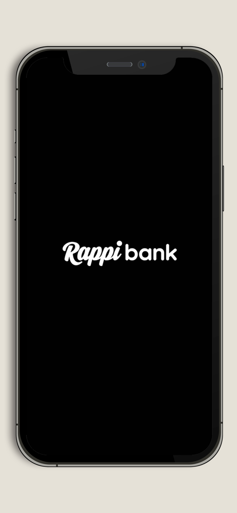 Rappibank PJ - Pantalla de bienvenida de la aplicación bancaria móvil Rappibank PJ con el logo blanco sobre fondo negro mostrado en un smartphone