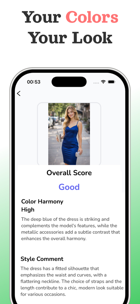 Color Analysis AI & Palette - AI color analysis app interface showing an outfit evaluation for a woman in a blue dress with high color harmony and style comments.