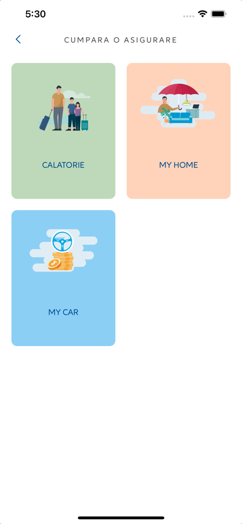 Allianz-Tiriac mobile app screen with options to buy travel home and car insurance