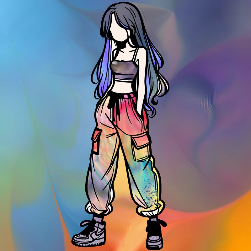 girl in baggy pants crop top and long hair