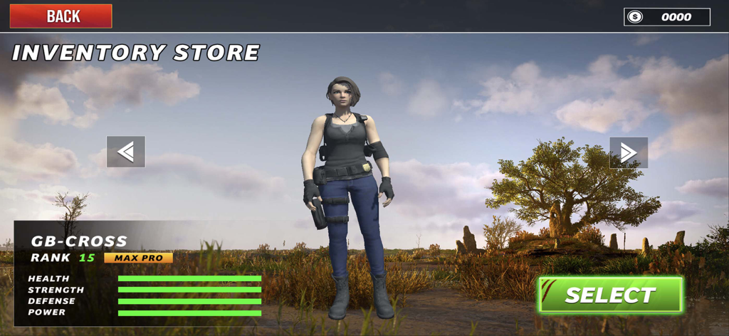 Animal Hunter 3d Hunting Clash - La pantalla de la tienda de inventario en Animal Hunter 3d que muestra a una cazadora llamada GB-CROSS con estadísticas al máximo.