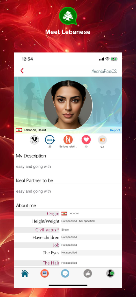 Meet Lebanese - Dating Lebanon - User profile screen of the Meet Lebanese dating app showing a profile picture and personal details