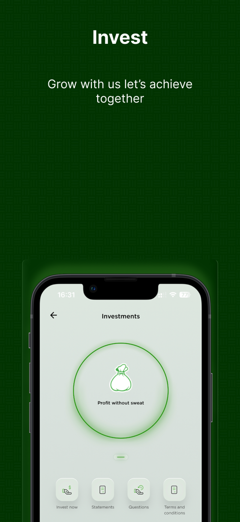 Investitionsbildschirm der CRDB BANK SimBanking App mit Optionen zum Gewinnwachstum.