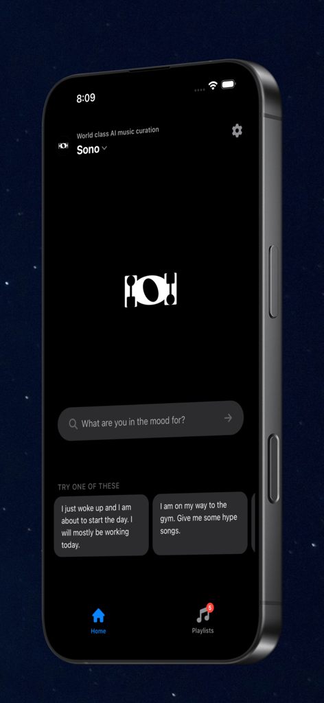 L'écran d'accueil de l'application sono AI proposant une barre de recherche demandant Pour quelle humeur êtes-vous et des suggestions de musique pour le travail et la salle de sport.