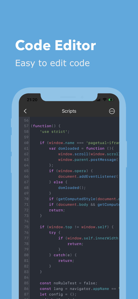 Addons - Scripts & Adblock - Interface of the mobile code editor for managing Safari browser scripts in the Addons app