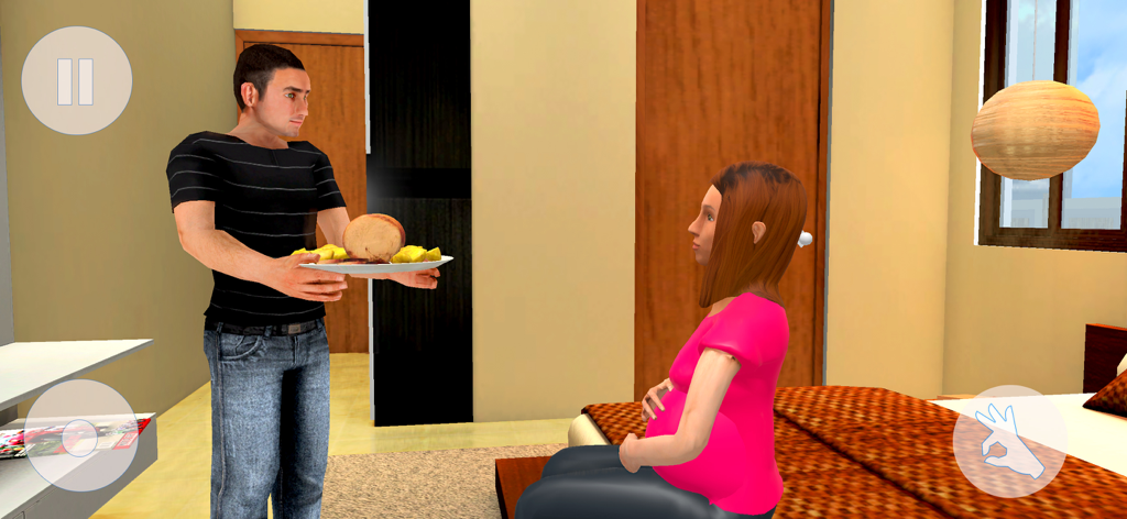 Pregnant Mom Mother Simulator - Esposo virtual sirviendo comida a su esposa embarazada en una escena de simulación de dormitorio