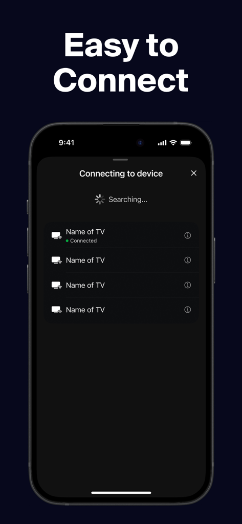 Remote Control TV: Universal - Interfaz de la aplicación de control remoto universal que muestra la pantalla de detección y conexión del televisor inteligente