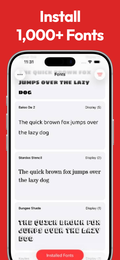Fontastic - Install Fonts - Fontastic mobile app interface showing a list of custom fonts and style previews