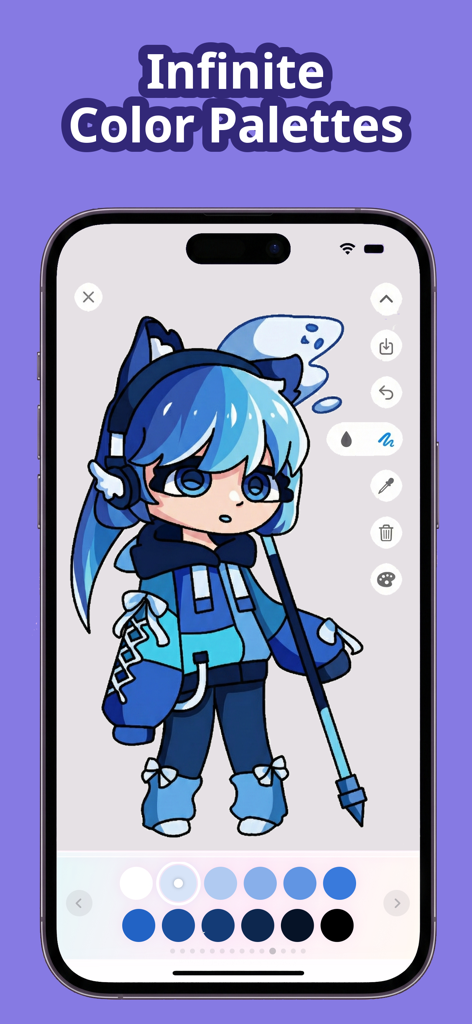 Chibi Coloring Book: Anime Art - An anime girl chibi character being colored using a custom blue color palette.