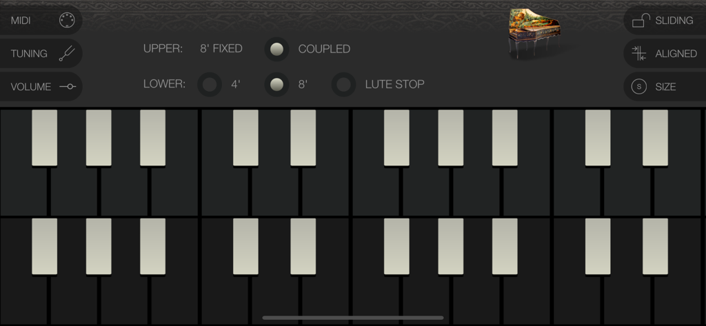 Interface de l'application Ruckers 1628 Harpsichord avec claviers à double manuel et commandes de jeu historiques