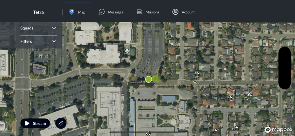 Tetra app interface showing a real-time satellite map with tactical team locations and situational awareness markers