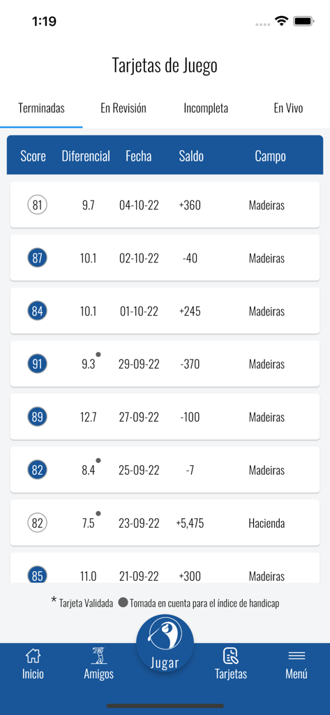 Plack - Plack app screen displaying a list of completed golf scorecards with betting balances and course names