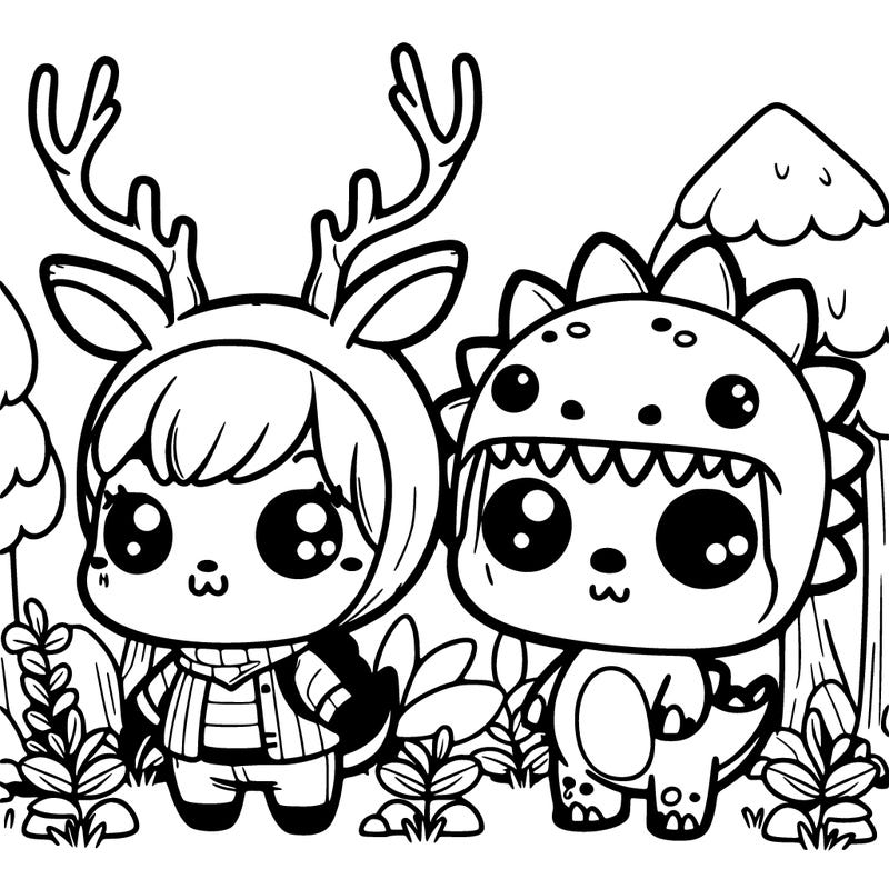 cute 99 nights in the forest chibi deer and dino kid