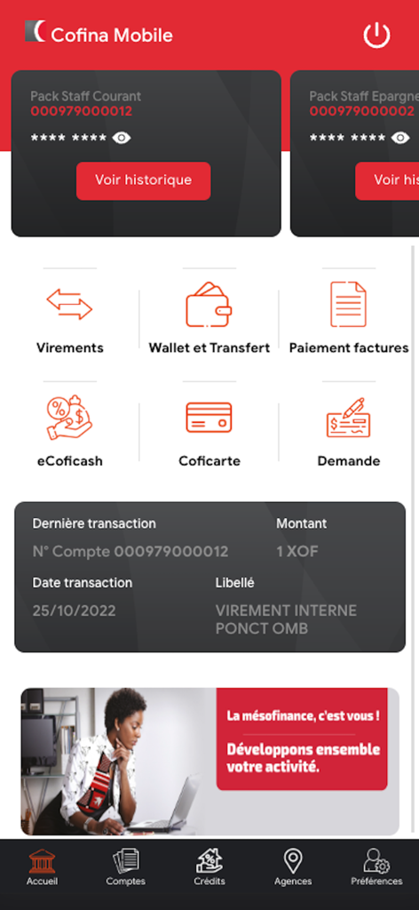 Cofina Mobile + - Cofina Mobile plus app home screen displaying account balances and financial service options like transfers and bill payments