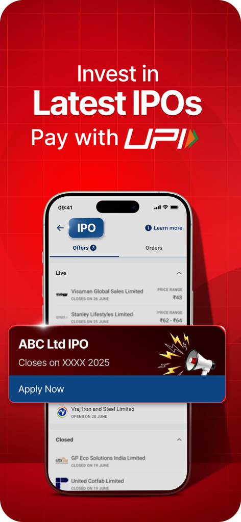 Kotak Neo mobile app interface for investing in Indian IPOs with UPI payment