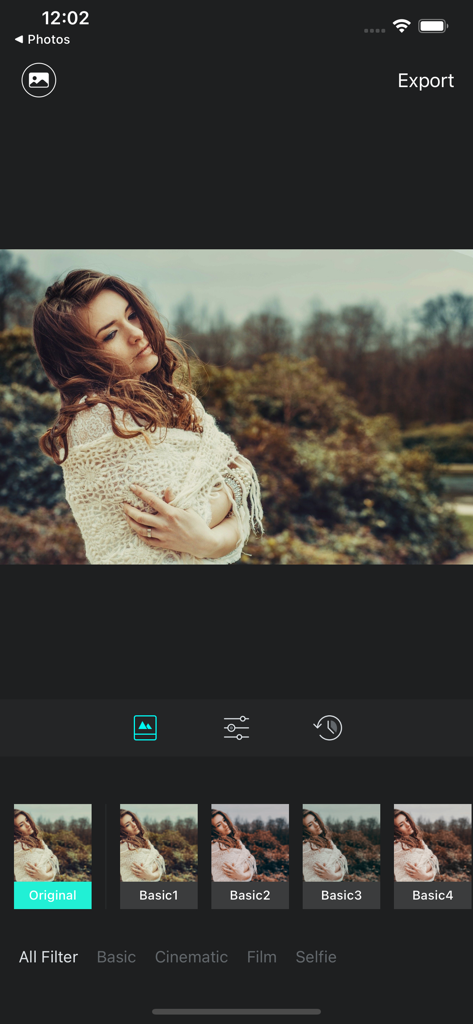 Luca - Photo Editor & Filters - Interface do editor de fotos Luca mostrando um retrato de mulher e uma seleção de filtros básicos.