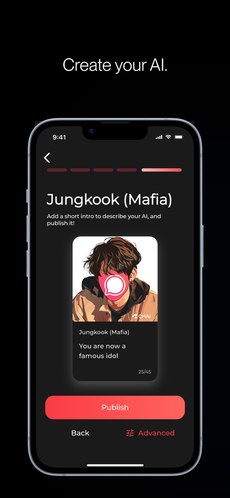 Interface of the Chai app showing the final step to create and publish a custom AI character named Jungkook.
