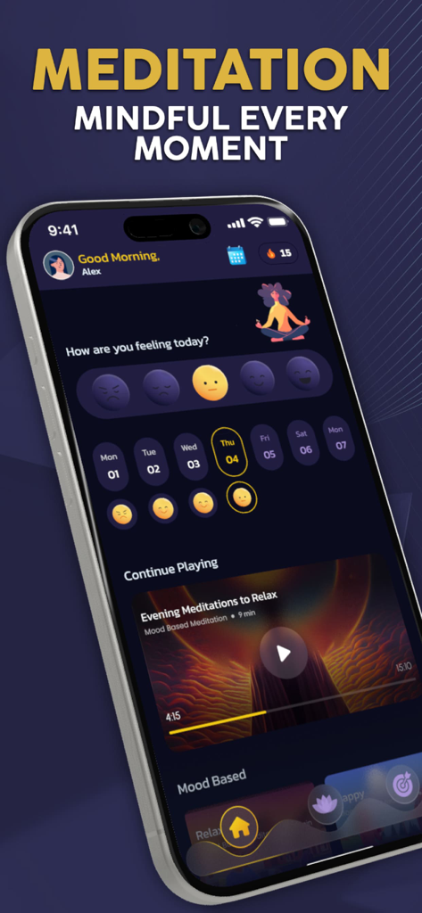 Rooted Center - Rooted Center app home screen featuring a mood tracker calendar and evening meditation player