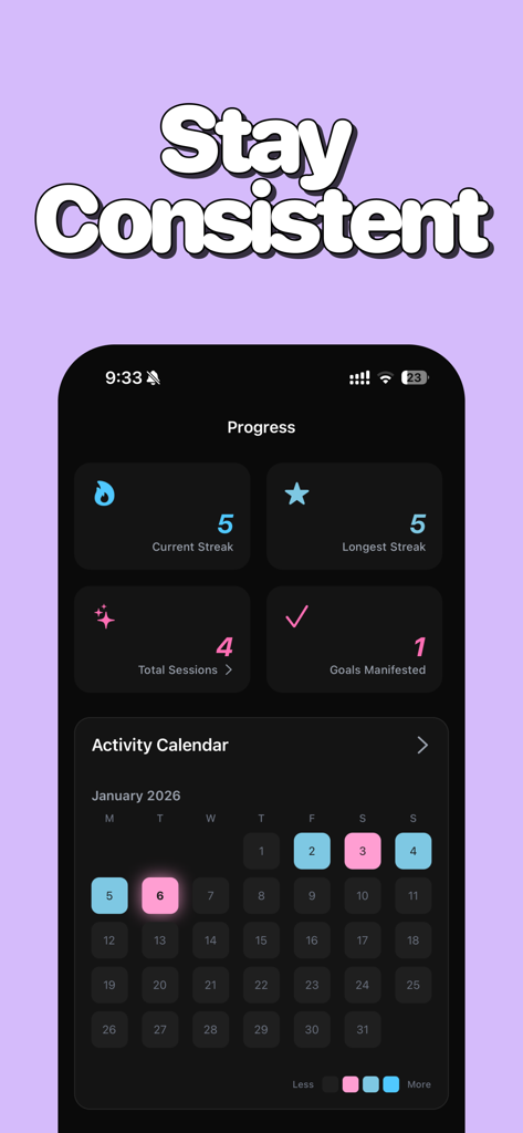 Manifested: Affirmations - Manifested app progress dashboard showing daily streaks and an activity calendar heatmap