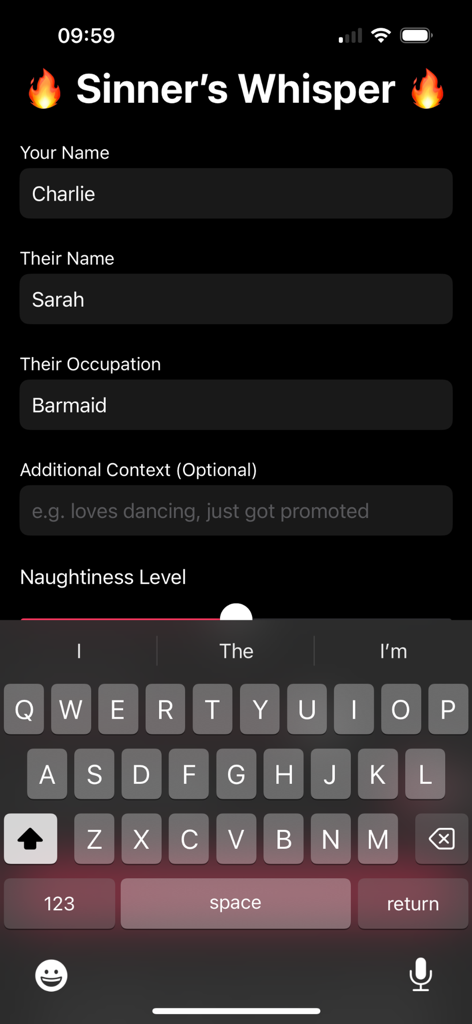 Sinners Whisper - Screenshot della schermata di input dell'app Sinners Whisper che mostra campi per nomi, professione e un cursore per il livello di malizia.