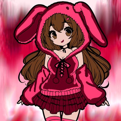pretty anime girl wearing a fluffy hoodie with bunny ears on the hood and a skirt
