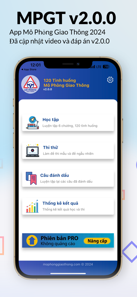 Mô Phỏng Giao Thông V2.0.0 - Schermata principale dell'app Mo Phong Giao Thong v2.0.0 per la preparazione all'esame della patente vietnamita con opzioni di studio e test