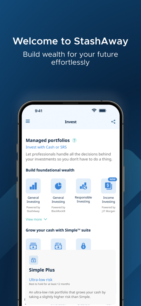 StashAway: Simple Investing - StashAway app interface showing managed portfolios and wealth building options