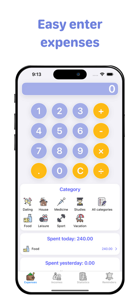 Expentro:budget tracker - Expentro budget tracker app showing the expense entry screen with calculator and categories.