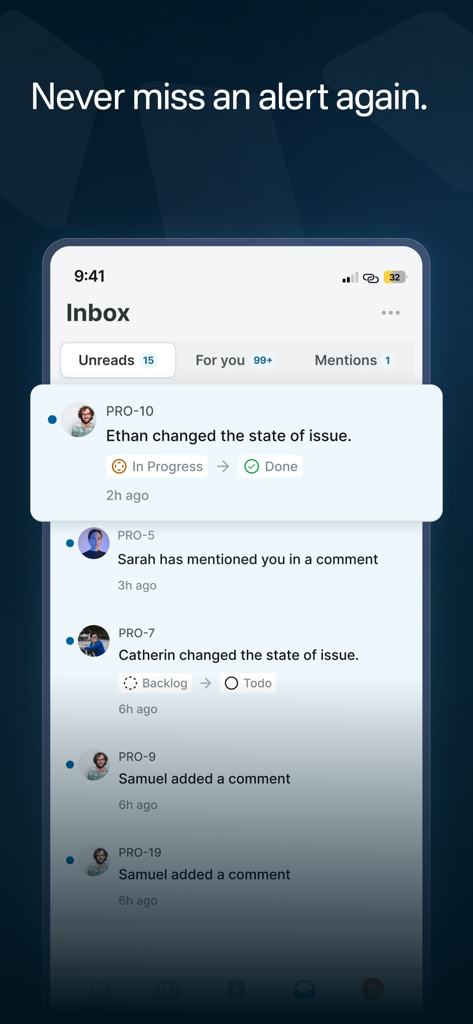 Pantalla de bandeja de entrada móvil de la aplicación de gestión de proyectos Plane que muestra notificaciones de tareas en tiempo real y actualizaciones de estado.