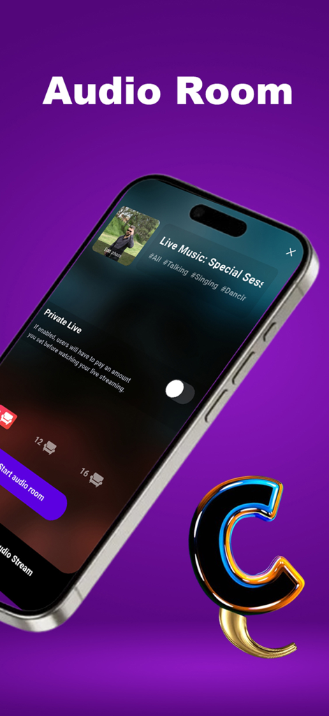 Interface da Sala de Áudio TicTic para configurar música ao vivo e transmissão social privada