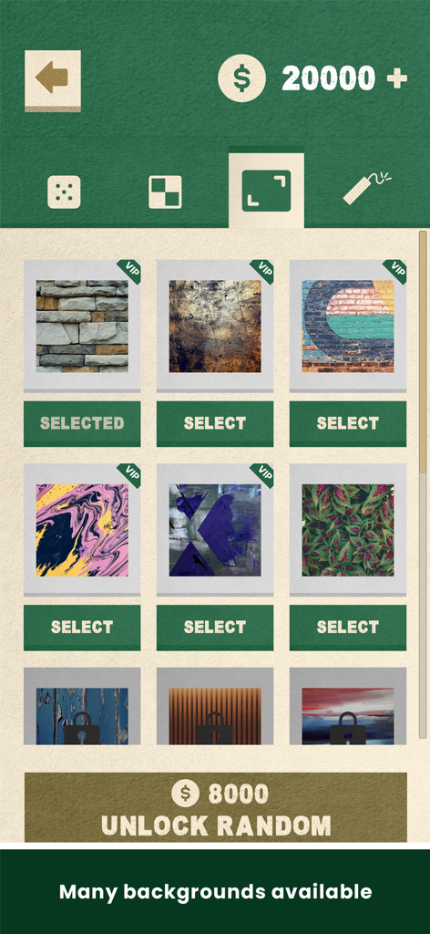 Shut The Box - Dice Board Game - Pantalla de selección de fondo en la aplicación Shut The Box que muestra varias texturas como piedra, madera y patrones abstractos para personalizar el tablero de juego.