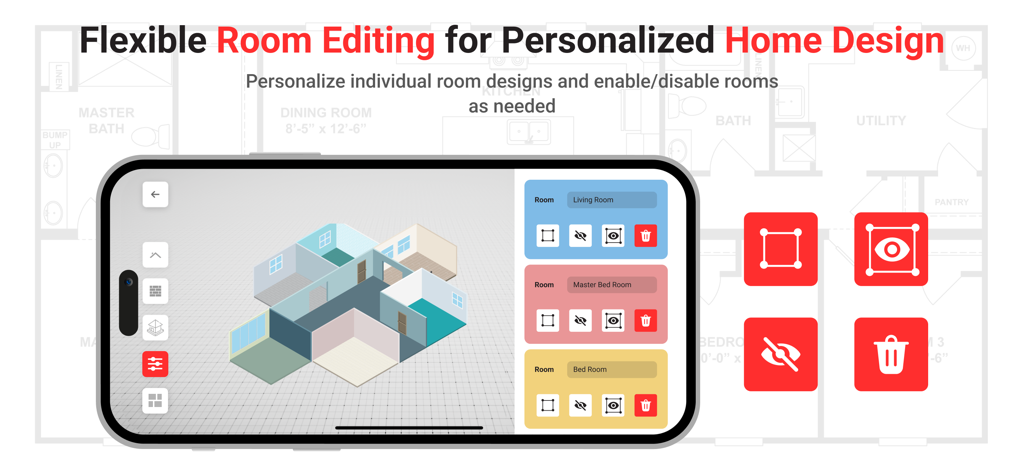 Un smartphone montrant l'interface flexible d'édition de pièces de l'application Magical Floor Planner avec un plan de maison en 3D.