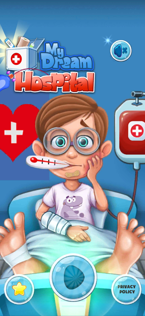 My Dream Hospital: My City - Start screen of My Dream Hospital app featuring a cartoon boy patient in a hospital bed with medical icons